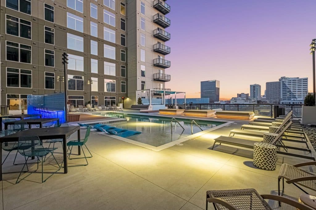 Pool area at dusk