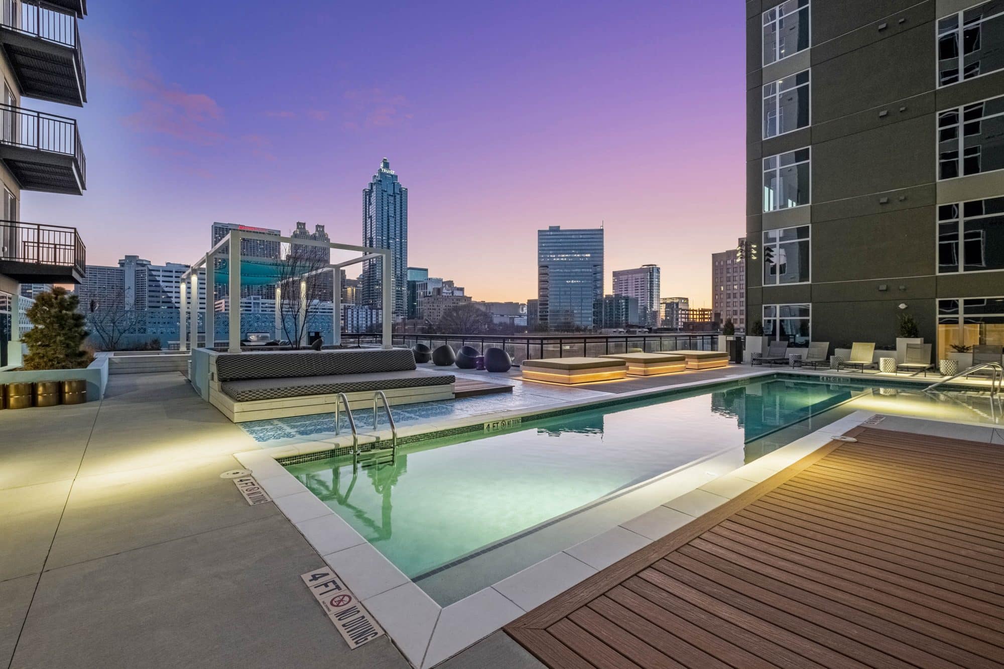 Furnished courtyard at dusk
