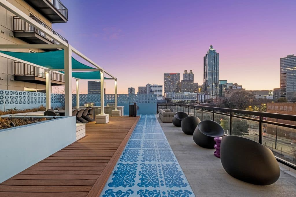 Furnished courtyard at dusk